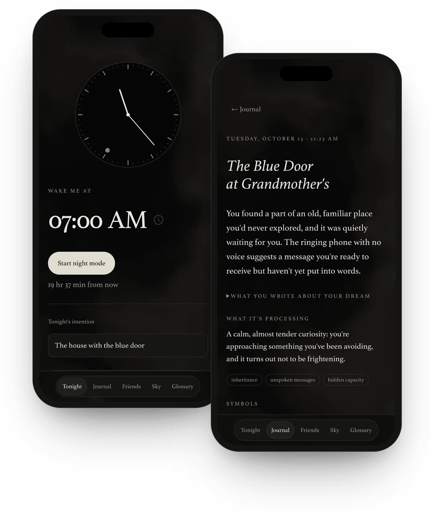 Two iPhone screens from a dream journal app: a wake-up alarm with tonight's intention, and a dream entry with its reading