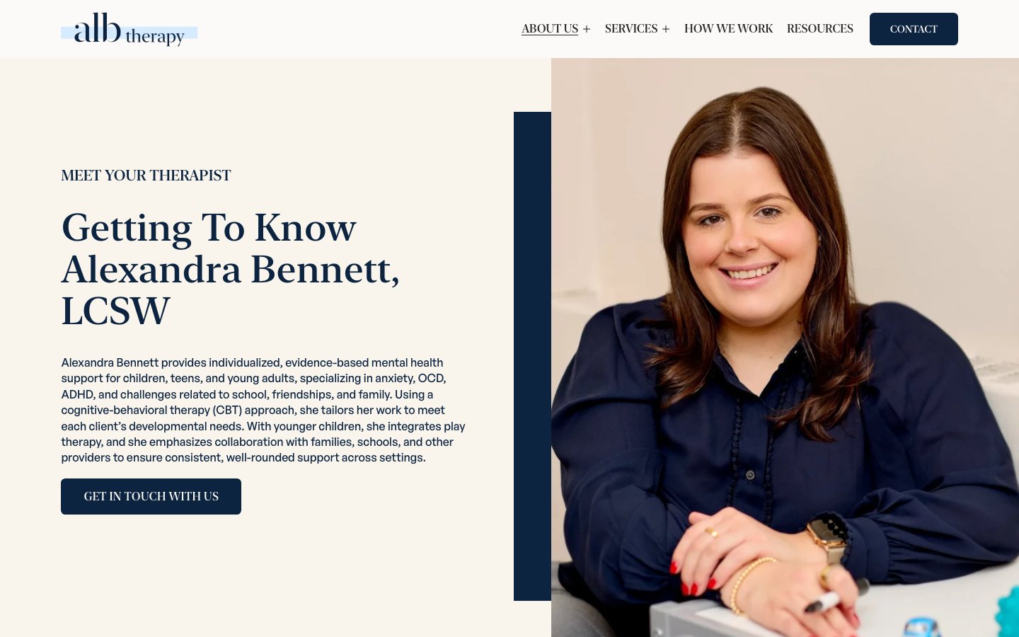 The About page, "Getting To Know Alexandra Bennett, LCSW," beside a photo of Alex at her desk.