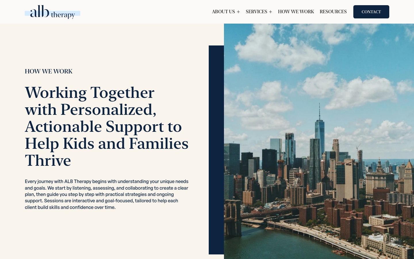 The How We Work page, "Working Together with Personalized, Actionable Support to Help Kids and Families Thrive," beside an aerial view of Lower Manhattan.