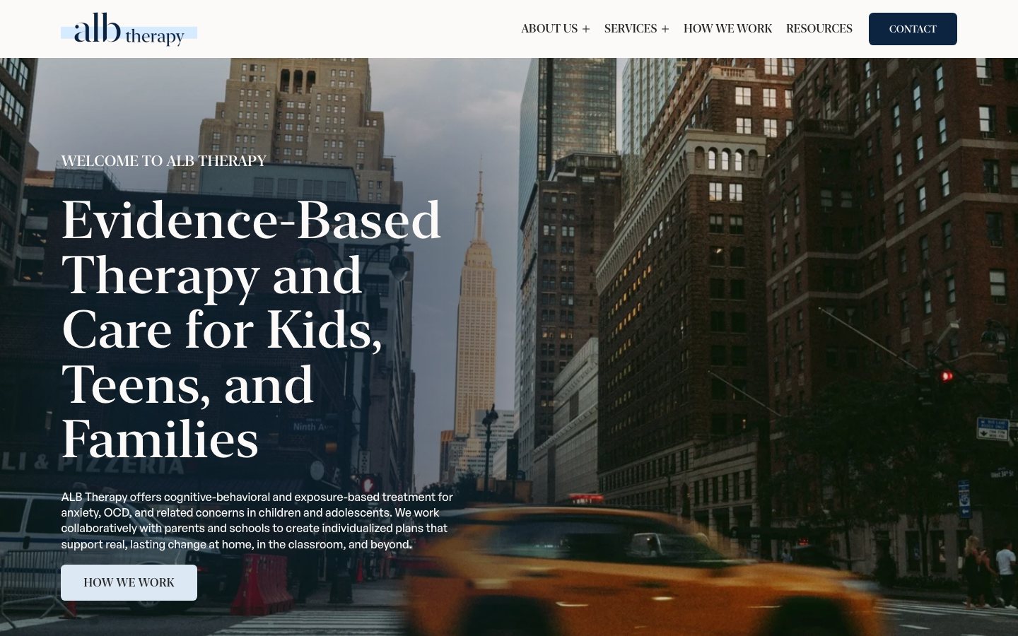 The ALB Therapy homepage headline over a Manhattan street, with the Empire State Building behind a passing yellow cab.