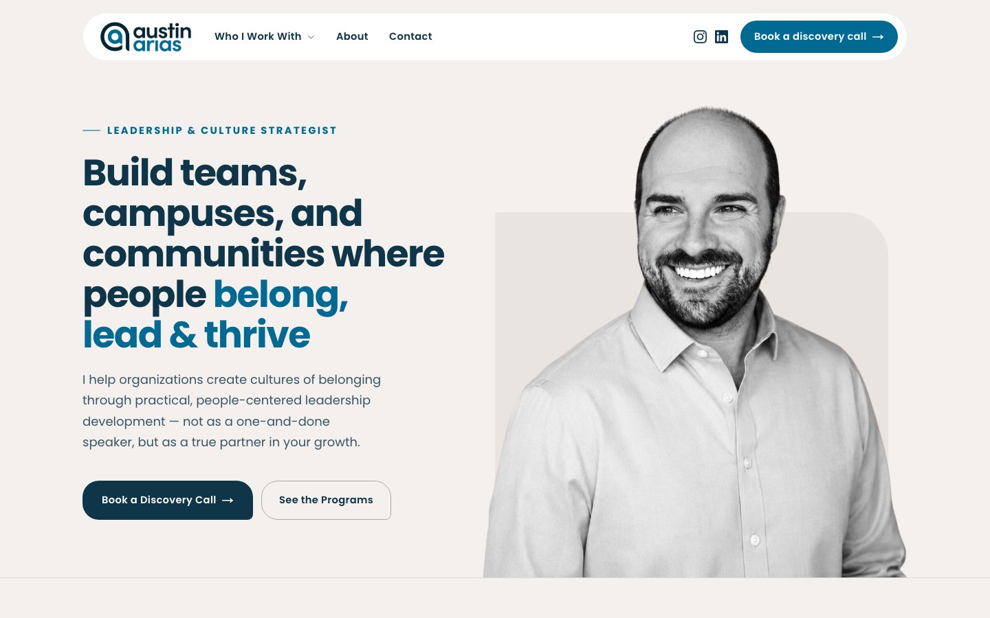 The Austin Arias homepage, "Build teams, campuses, and communities where people belong, lead & thrive."