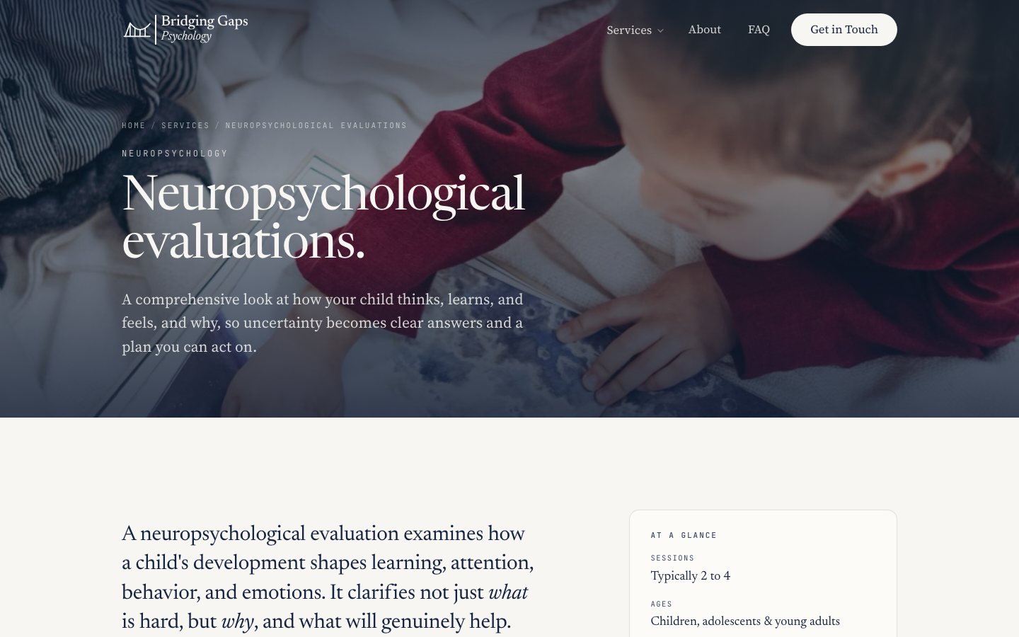 The Neuropsychological Evaluations page header over a photo of a young child reading a book.