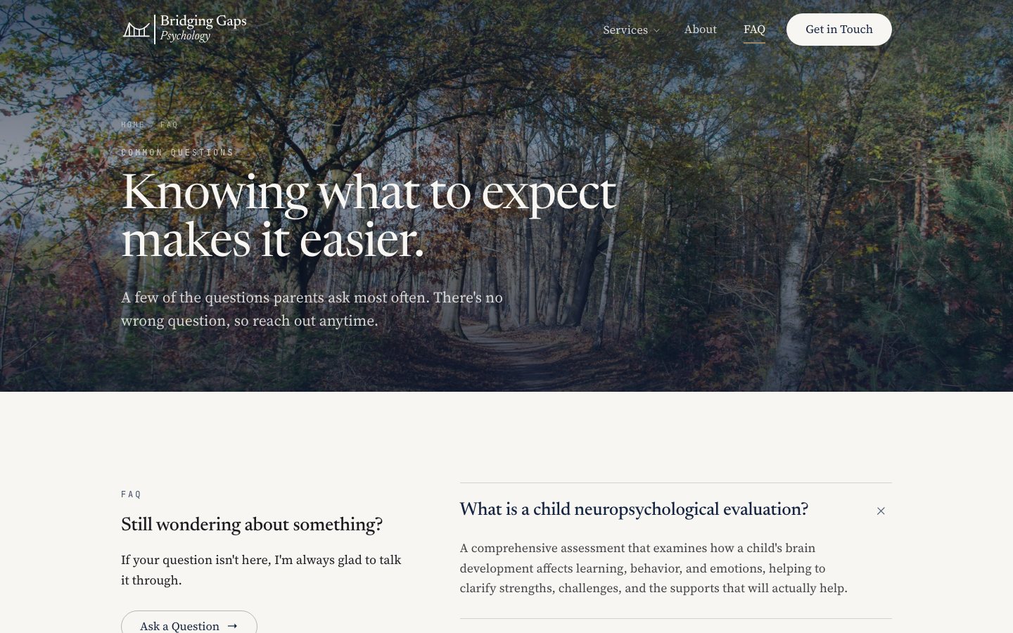The FAQ page, "Knowing what to expect makes it easier," over a photo of a wooded path in autumn.