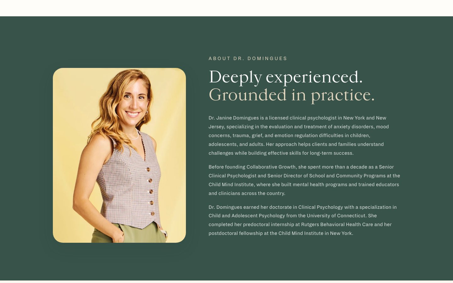 The About section, "Deeply experienced. Grounded in practice.", with Dr. Domingues's portrait on deep sage green.