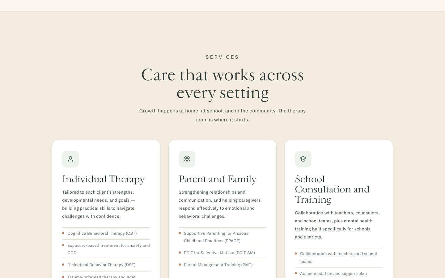 The Services section, "Care that works across every setting," with a card for each kind of care.
