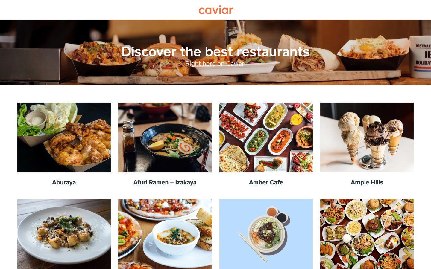 The Caviar restaurant index, "Discover the best restaurants" over a spread of burgers, fries, and burritos, above a four-column grid of restaurant photos.