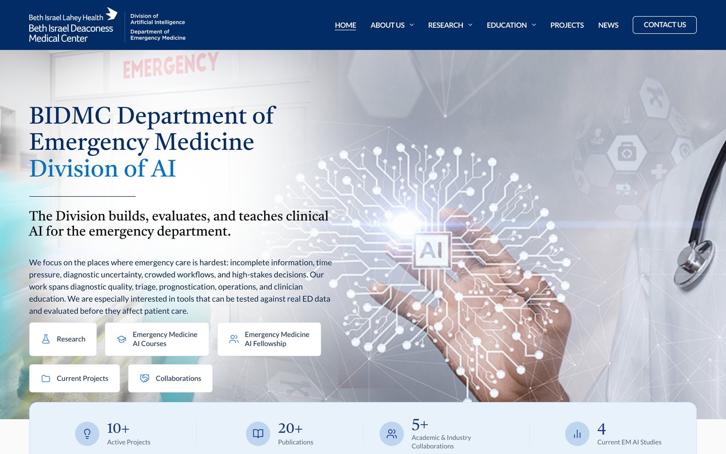 The BIDMC Division of AI homepage, "The Division builds, evaluates, and teaches clinical AI for the emergency department."