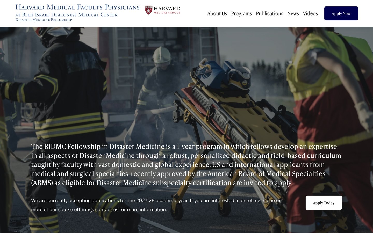 The Disaster Medicine Fellowship homepage, responders carrying a stretcher behind the program description.