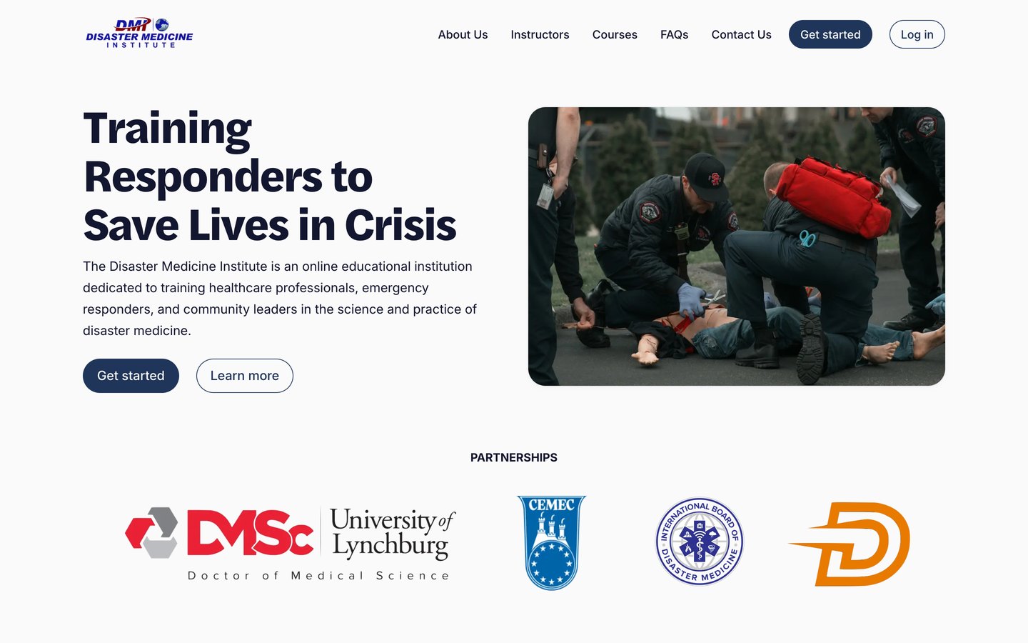 The Disaster Medicine Institute homepage, "Training Responders to Save Lives in Crisis," beside a photo of responders treating a patient.