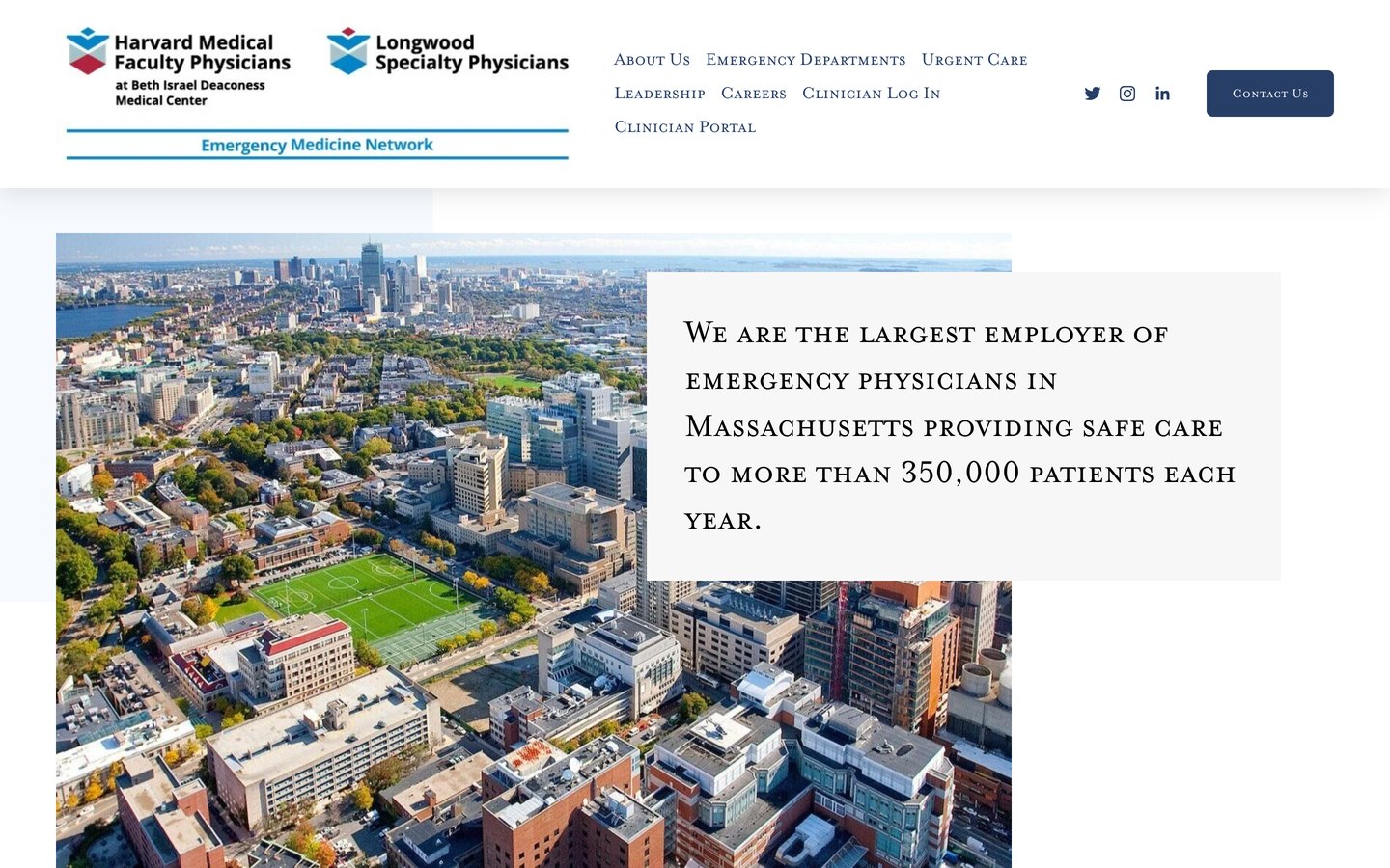 The HMFP Emergency Medicine Network homepage, an aerial photo of Boston beside "We are the largest employer of emergency physicians in Massachusetts."