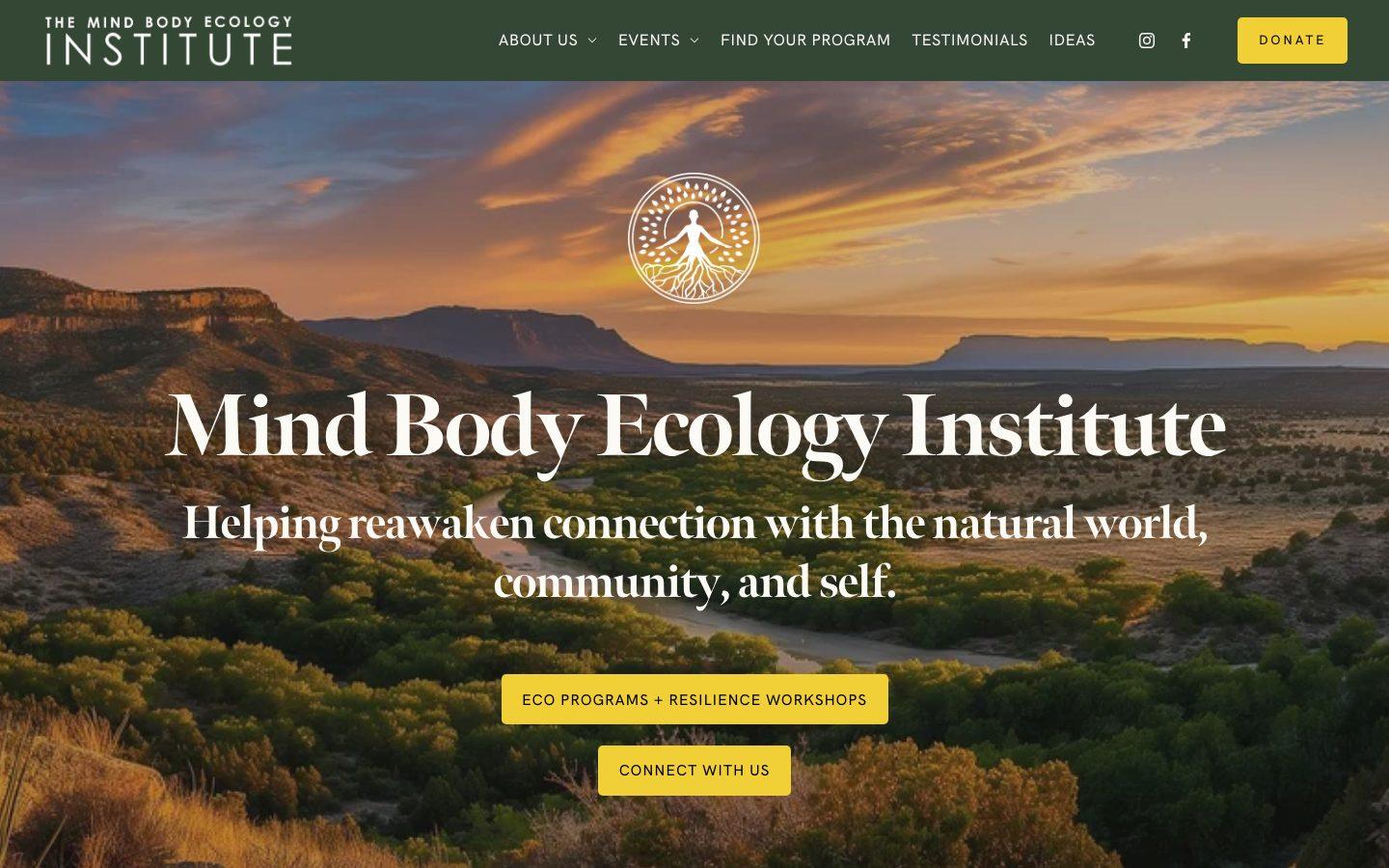 The Mind Body Ecology Institute homepage, a desert sunset behind the headline "Helping reawaken connection with the natural world, community, and self."