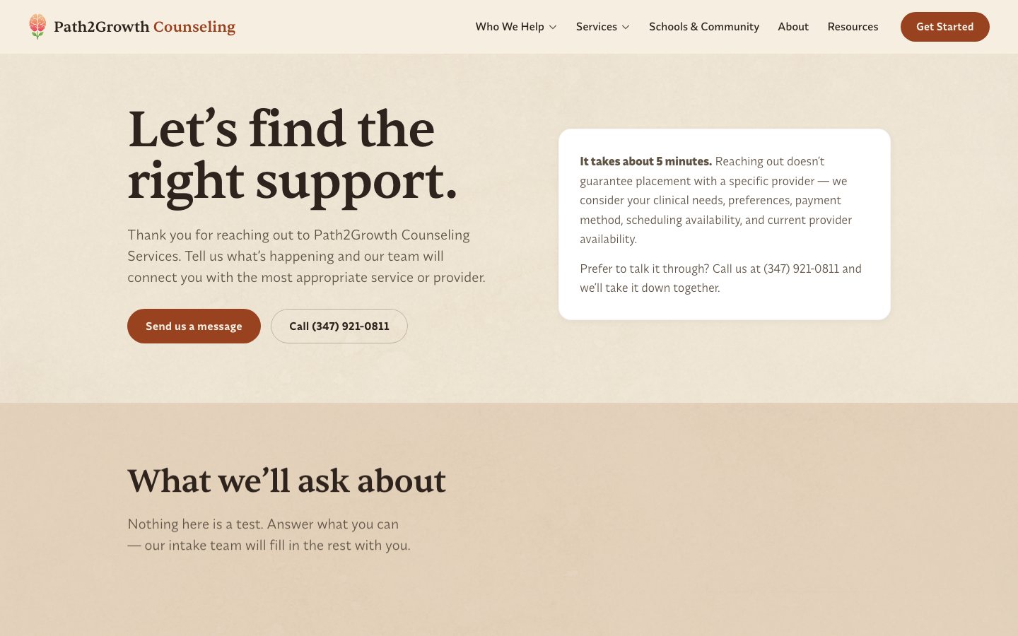 The Get Started page, "Let's find the right support," with options to send a message or call.