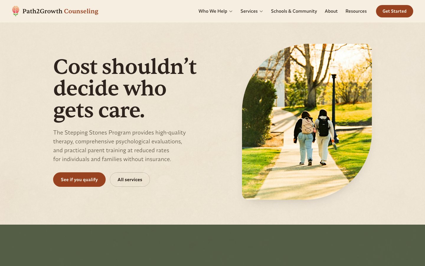 The Stepping Stones page, "Cost shouldn't decide who gets care," beside a photo of two students walking across a campus.