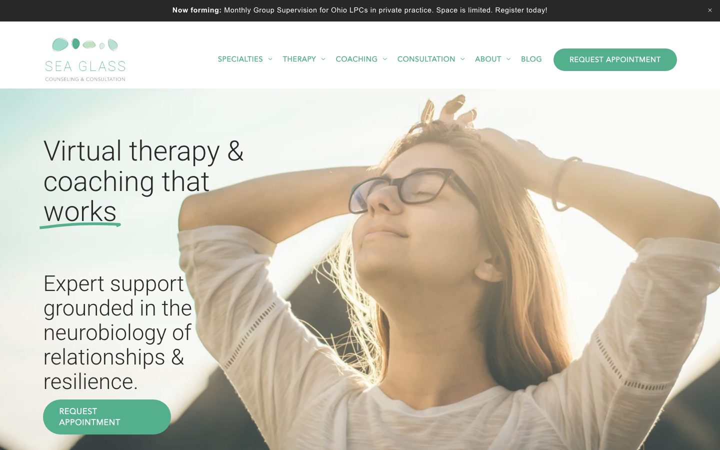 The Sea Glass Counseling homepage, "Virtual therapy and coaching that works," beside a woman with her eyes closed in the sun.