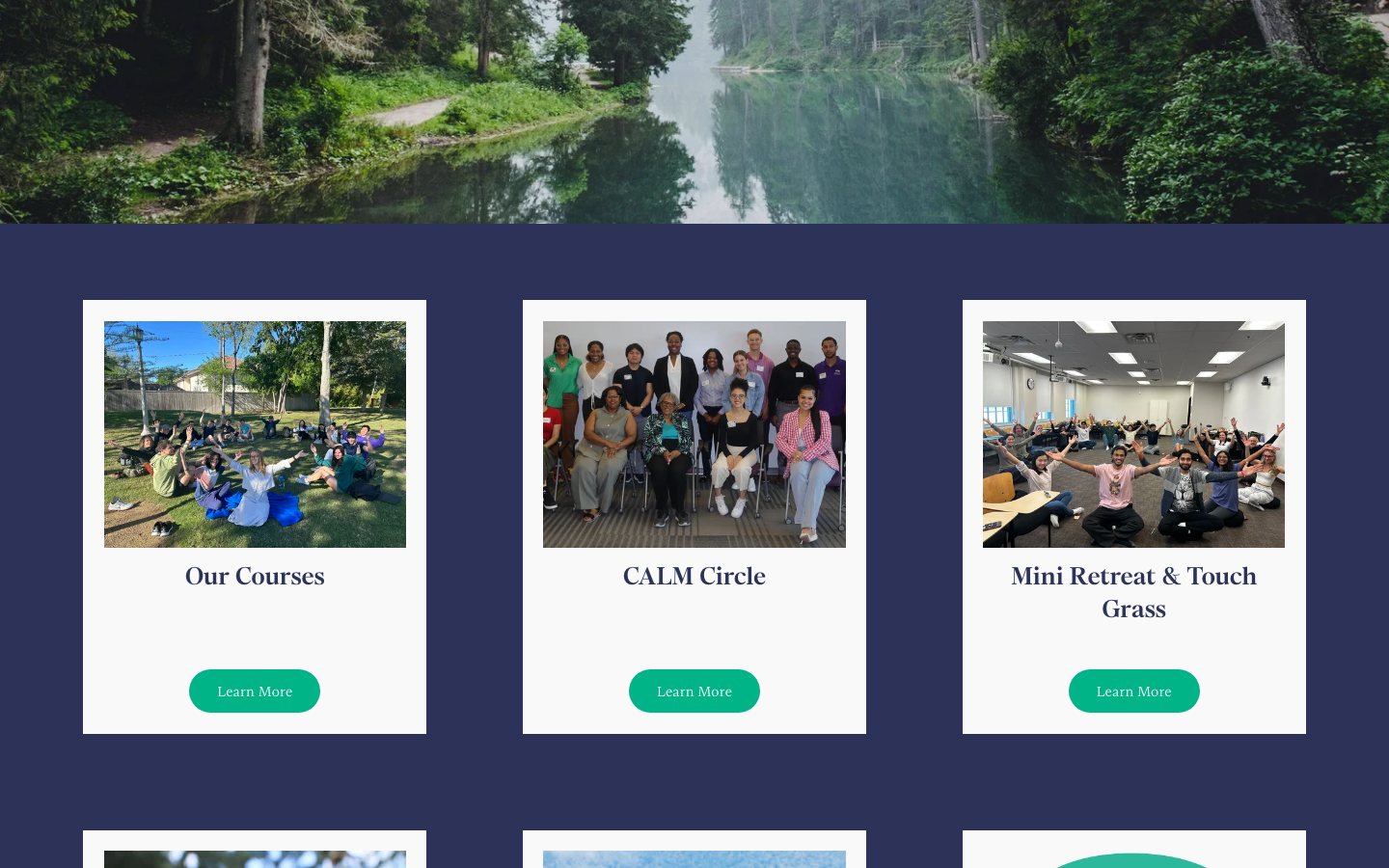 The Explore Our Programs page, program cards with photos of CALM students on a deep navy background, each with a Learn More button.
