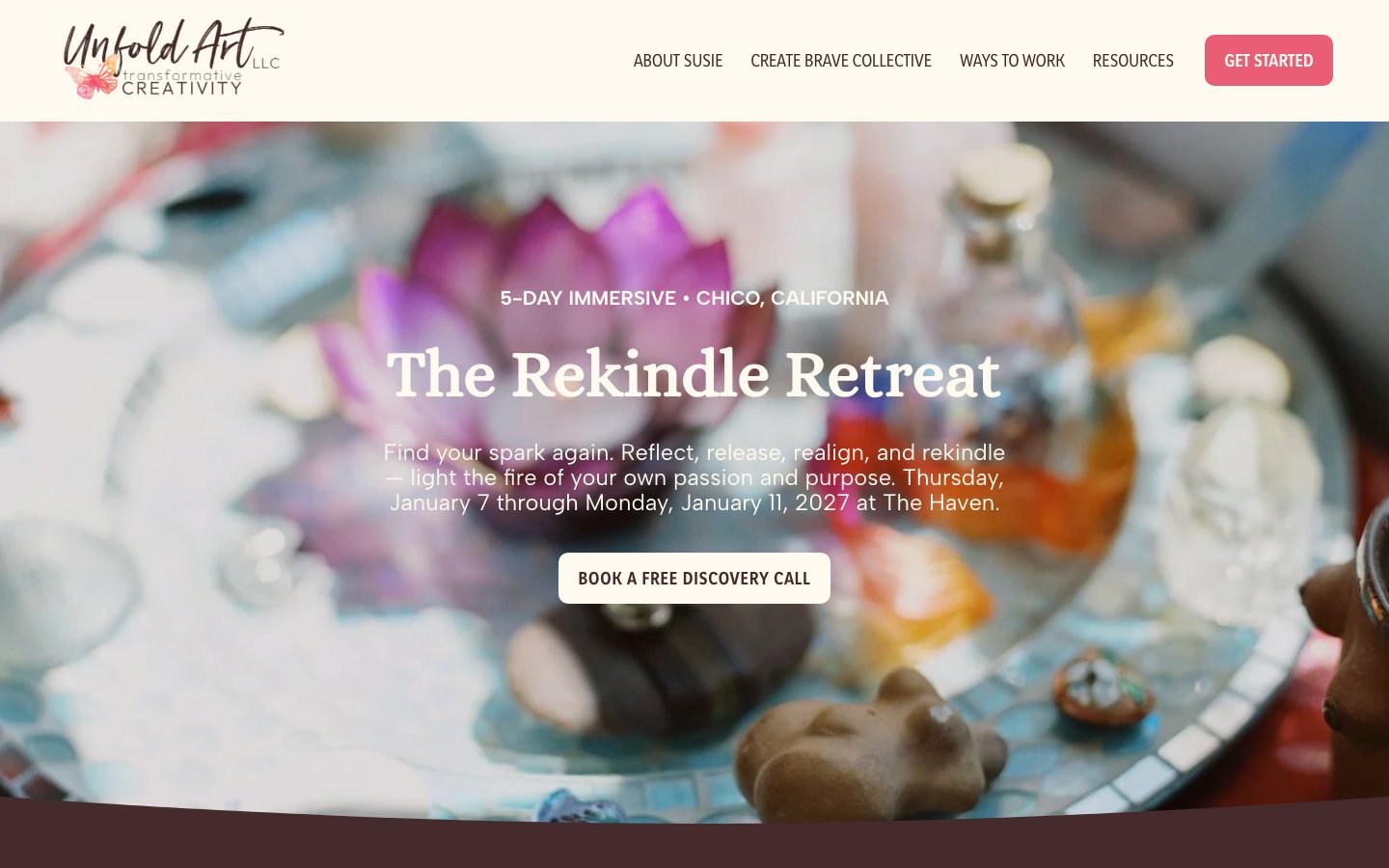 The Rekindle Retreat page, a five-day immersive at The Haven in Chico, over a photo of a candlelit altar.
