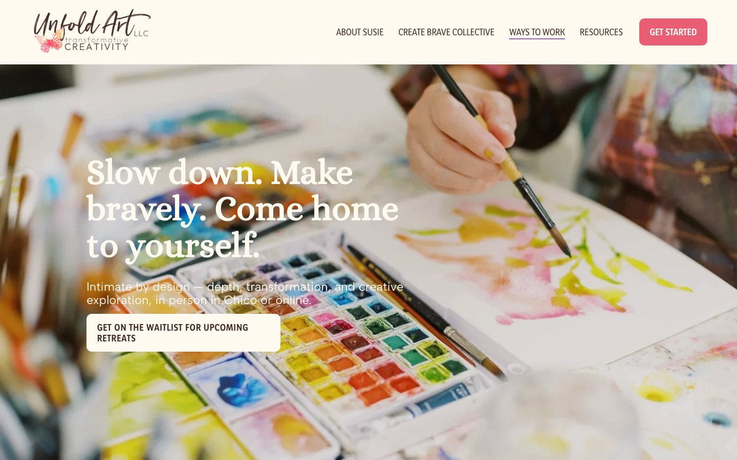 The Retreats page, "Slow down. Make bravely. Come home to yourself," over a photo of a hand painting in watercolor.