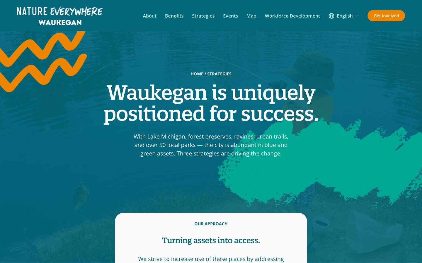 The Strategies page, "Waukegan is uniquely positioned for success," over a photo of a child fishing at the water's edge.