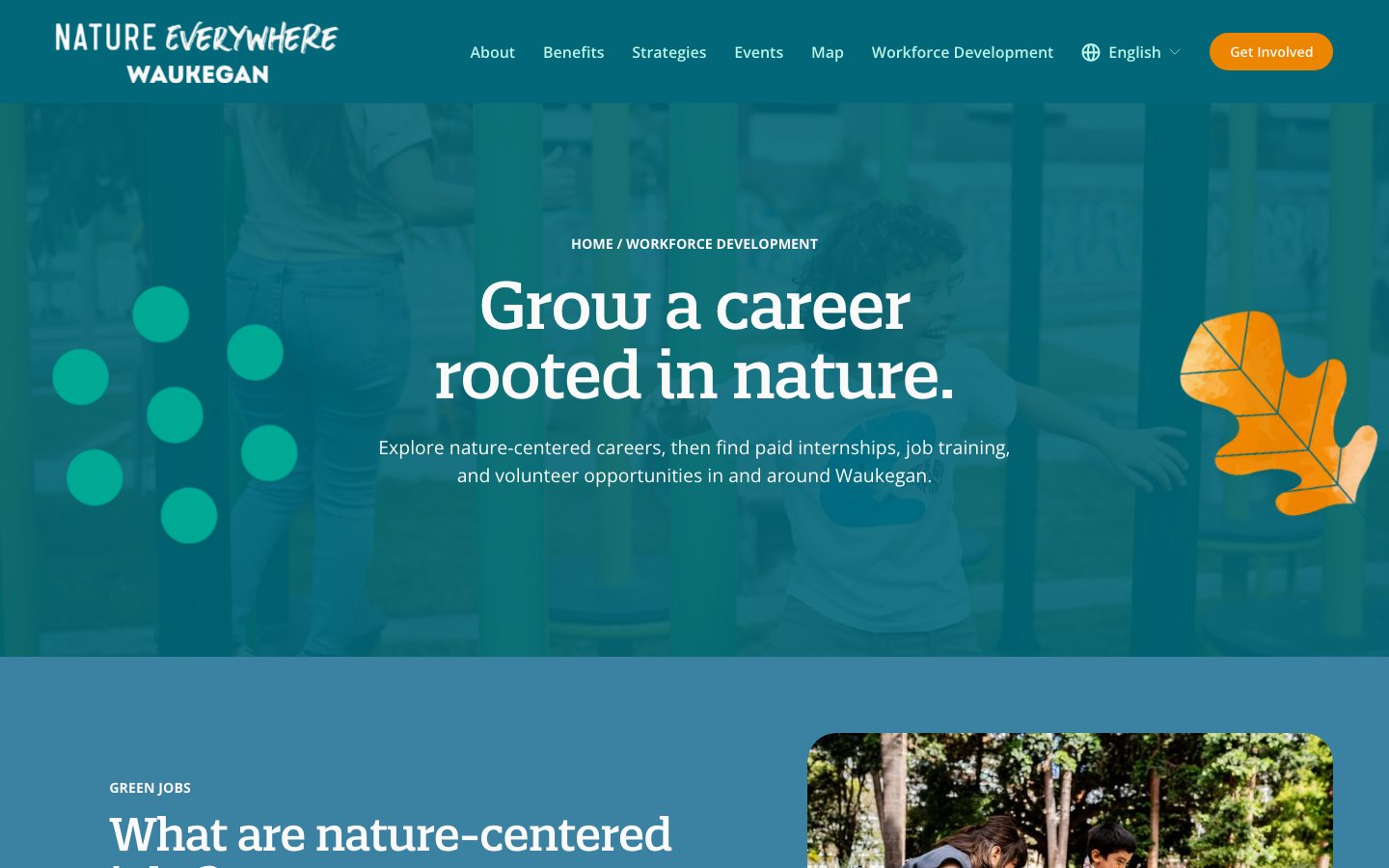 The Workforce Development page, "Grow a career rooted in nature," over a teal-washed photo of kids playing outside.