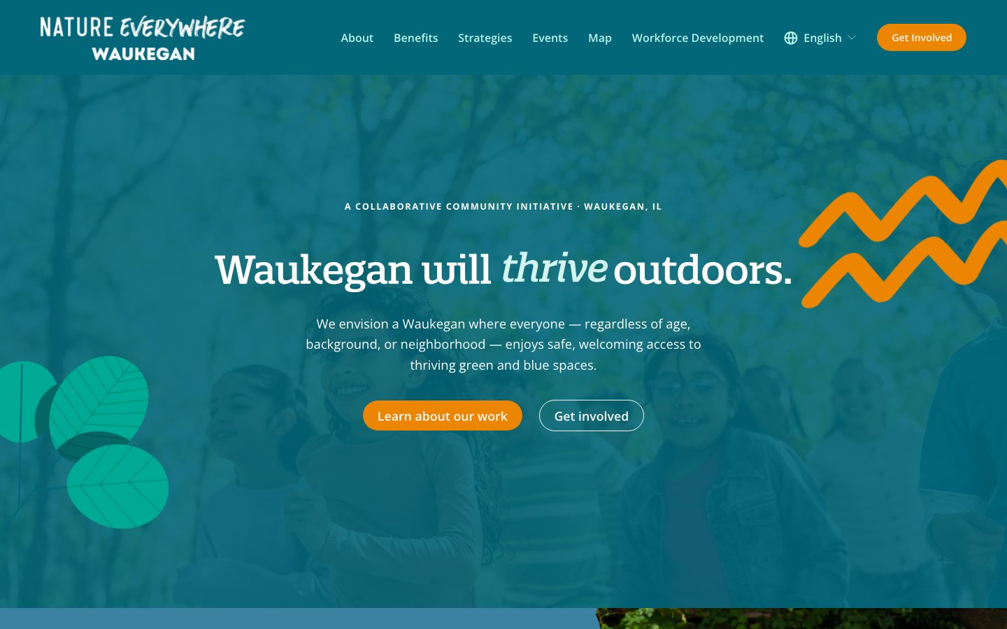 The Nature Everywhere Waukegan homepage, "Waukegan will thrive outdoors," over a teal-washed photo of kids running through the woods.